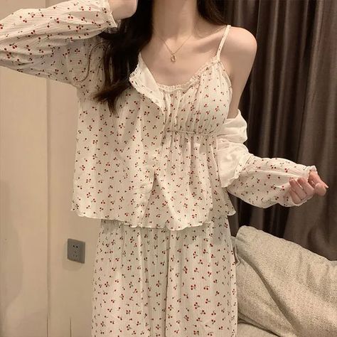 Siensien - Pajama Set: Printed Camisole Top + Light Jacket + Pants | YesStyle Feminine Skills, Invierno Aesthetic, Feminine Outfit Ideas, New Year Fashion, Cute Pajama Set, Pink Korean, Pajamas Aesthetic, Color Combos Outfit, Sleepwear Fashion