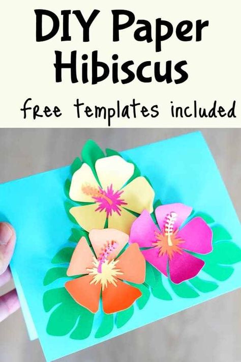 diy paper flower template and tutorial, free svg cut file, hawaiian paper flower hibiscus Hawaiian Flower Printable, Diy Paper Hawaiian Flowers Easy, How To Make Tropical Paper Flowers, Tropical Flower Svg Free, Hawaiian Printables Free, Hibiscus Flower Svg Free, Cricut Hibiscus Flower, Hawaiian Flower Pattern, Paper Hibiscus Flowers Diy