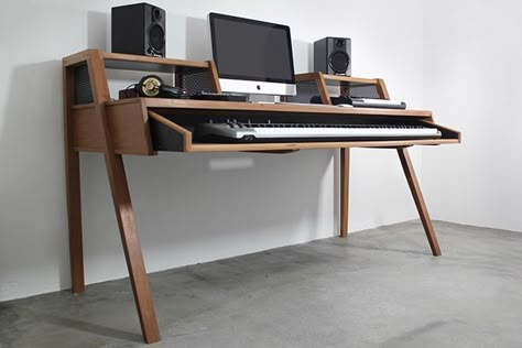 Home Studio Desk Music, Studio Desk Music, Music Studio Desk, Recording Studio Desk, Home Studio Design, Piano Stand, Home Studio Desk, Piano Desk, Music Desk