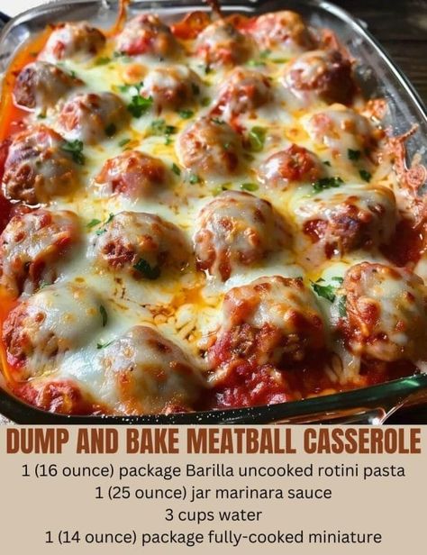 DUMP AND BAKE YOUR WAY TO A FANTASTIC MEATBALL CASSEROLE Meat Ball Casserole Recipes, Pasta Dump, Dump And Bake Meatball Casserole, Meatballs Pasta, Dump And Bake, Meatball Casserole, Meatball Recipes Easy, Meatball Bake, Baked Pasta