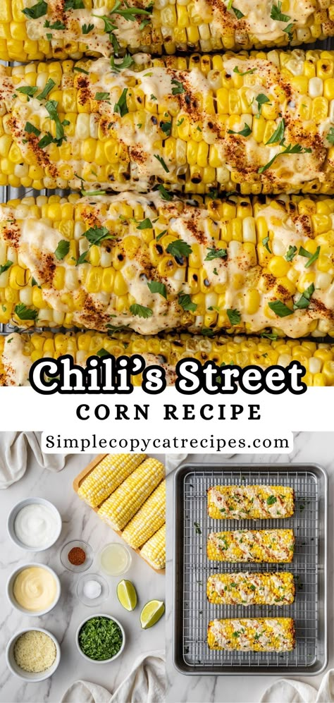 This Chili's Street Corn recipe is a flavor-packed side dish that combines sweet, smoky, spicy, and tangy flavors. Grilled corn on the cob is coated with a creamy dressing and then topped with cotija cheese, chili powder, cilantro, and a squeeze of fresh lime juice. Enjoy this versatile dish as an appetizer, side, or even on its own as a snack. Chili’s Corn On The Cob Copycat, Chili’s Street Corn Recipe, Chili's Corn On The Cob Recipe, Street Corn On The Cob Recipe, Corn On A Stick, Cotija Cheese Recipes, Chili Sides, Corn On The Cob Recipe, Grilled Sweet Corn