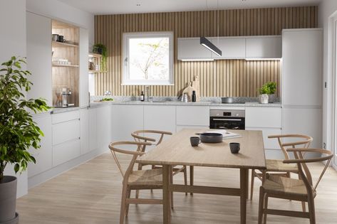 Pebble Kitchen, Japandi Style Kitchen, Wren Kitchens, Tall House, Matt Kitchen, Wren Kitchen, Japandi Kitchen, House Aesthetics, Dining Seating