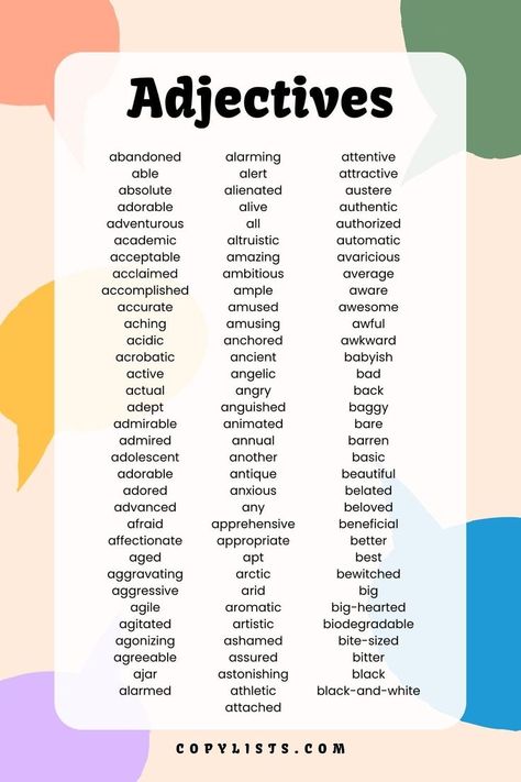 a list of adjectives in 3 columns Adjective List, Antonyms Words List, 3rd Grade Spelling, List Of Adjectives, Study English Language, Grade Spelling, Synonyms And Antonyms, Parts Of Speech, Aging Well