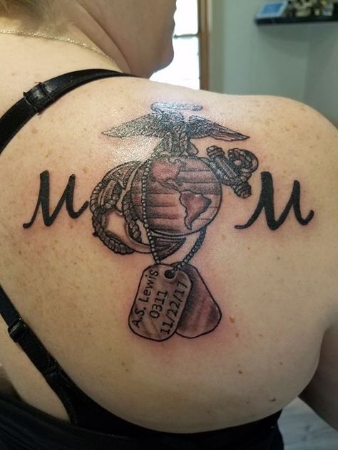 MoM tattoo inspiration Marine Daughter Tattoo, Usmc Mom Tattoo, Marine Mom Tattoo, Marine Corps Mom, Marine Tattoo, Mom Daughter Tattoos, Army Tattoos, Mommy Tattoos, Mom Tattoo