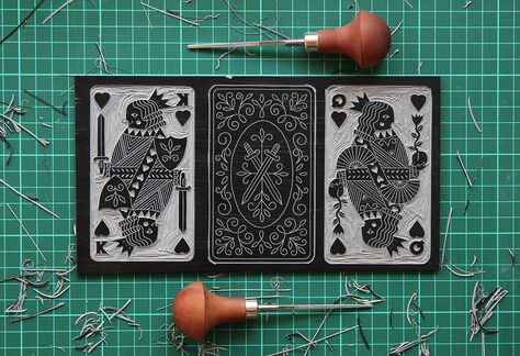 Playing Cards on Behance Arte Art Deco, Linocut Printmaking, Lino Art, Hand Carved Stamps, Stamp Carving, Relief Printing, Creating Artwork, Linocut Art, Printmaking Art