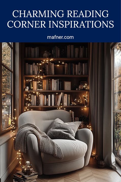 Explore a cozy reading corner with inviting cushions, soft decor, and ambient lighting. This image inspires ideas for small, comfortable spaces tailored for book lovers. How To Decorate A Reading Nook, Reading Chair Corner Small Spaces, Corner Reading Nook Living Room, Cozy Chairs For Reading, Reading Chair Corner, Stylish Bookshelves, Reading Nook In Bedroom, Cozy Nook Ideas, Reading Environment