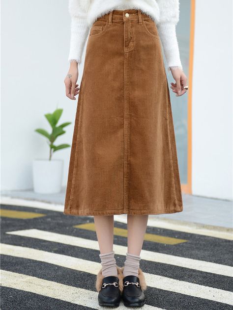 Corduroy Skirts, High Waist Long Skirt, Long Skirt Outfits, Long Skirts For Women, Corduroy Skirt, Skirt Outfit, Fashion Items, Skirts With Pockets, Pure Color