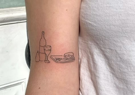 Charcuterie Tattoo Ideas, Cheese Board Tattoo, Small Drink Tattoo, Charcuterie Board Tattoo, Charcuterie Tattoo, Tiny Drink Tattoo, Bread And Wine Tattoo, Fine Line Food Tattoo, Italian Art Tattoo