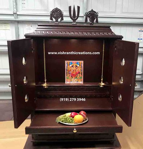 Pooja Mandiram Designs, Devudi Mandiram Designs, Mandir With Door For Home, Wooden Pooja Mandir Designs, Wooden Mandir Design For Home, Wood Pooja Mandir, Pooja Door Design, Wooden God Mandir, Decorative Pillars