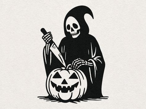 Grim Reaper Illustration, Creepy Jack O Lantern, Pumpkin Illustration Halloween, Black And White Graphic Design, Halloween Invites, Style Graphique, Pumpkin Illustration, Pumpkin Carving Ideas, Pumpkin Carvings Stencils