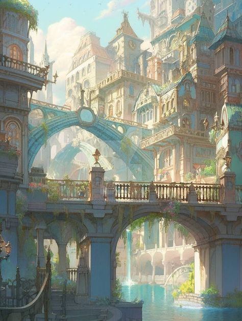 Fantasy City On Water, Light Fantasy Kingdom Aesthetic, Fantasy City Art Cityscapes, Fantasy Palace Concept Art, Water Village Fantasy Art, Glass City Fantasy Concept Art, Seaside City Fantasy Art, Fantasy City Design, Coastal City Fantasy Art