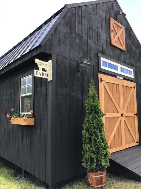 Shed With Stone Veneer, Outbuilding Organization, Shed Farm Stand, Barn Colors Exterior, Black Metal Barn, Shed Exterior Ideas, She Shed Decorating Ideas, Black Shed, Shed Makeover