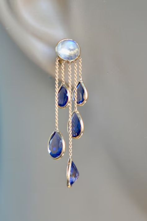 Moonstone & Iolite 18kt Gold Earrings, Dangly Statement Earrings, Earrings for Women Iolite Jewelry, Special Occasion Jewelry, Blue Moonstone, Authentic Jewelry, June Birthstone, Shop Products, June Birth Stone, Pin Board, Gold Set