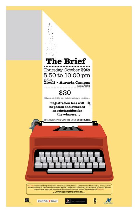 This is the poster for the 2009 Art Director's Club of Denver event "The Brief" that I designed. School Club Poster Design, Art Event Poster Design, Event Poster Design Ideas Creative, School Club Poster, Event Poster Ideas, Writing Graphic Design, School Event Poster, Card Poster Design, Fundraiser Poster