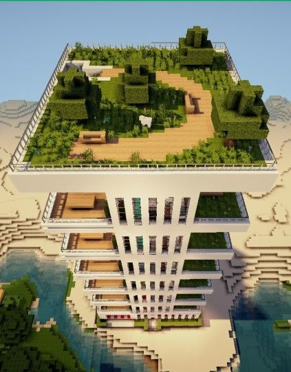 Skyscraper with garden Van Minecraft, Minecraft Skyscraper, Villa Minecraft, Minecraft Diy, Construction Minecraft, Modern Minecraft Houses, Minecraft Garden, Minecraft Mansion, City Ideas