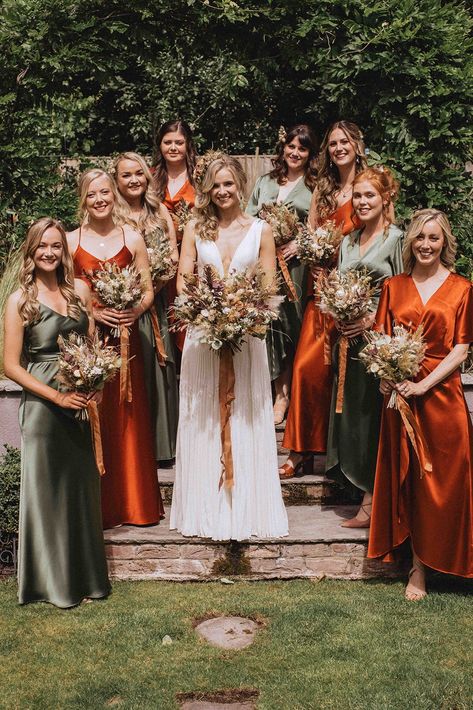 Rust Wedding Dress Bridesmaid, Burnt Orange And Dark Green Bridesmaid Dresses, Olive And Copper Bridesmaid Dresses, Autumnal Wedding Bridesmaids, Burned Orange Bridesmaid Dresses, Olive Green And Rustic Orange Wedding, Burnt Orange And Sage Bridesmaid Dresses, Burnt Orange And Olive Green Wedding Bridesmaid Dresses, Emerald Green And Rust Bridesmaid Dresses