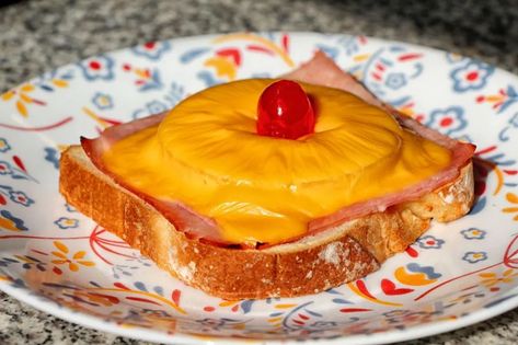 Toast Hawaii, a German snack | Sandwich Tribunal German Sandwiches, Hawaiian Grilled Cheese, Grilled Cheese Social Hawaiian Roll French Toast, Breakfast Hawian Roll Sandwiches, Hawaiian Roll Sandwiches Beach, German Cusine, Pineapple Glaze For Ham, German Snacks, Toast Hawaii