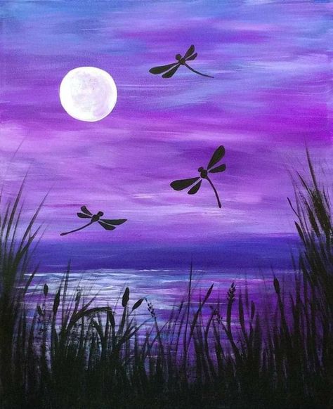 Images D'art, Silhouette Painting, Easy Canvas Painting, Canvas Painting Diy, Simple Acrylic Paintings, Night Painting, Beginner Painting, Painting Class, Diy Canvas Art