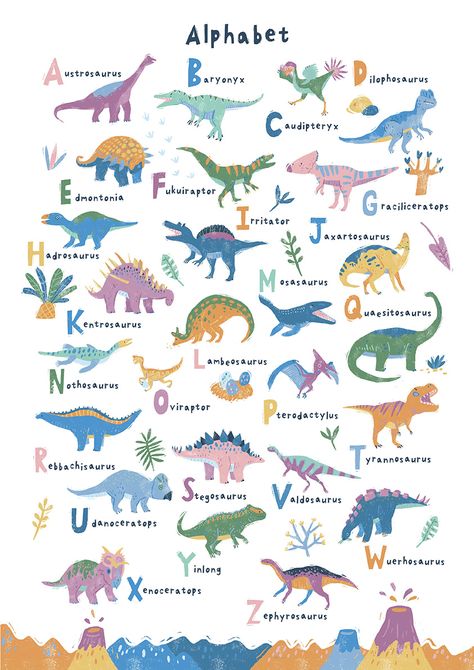 Abc Illustration, Poster Design Kids, Playroom Decoration, Alphabet Prints, Dinosaur Alphabet, Print Alphabet, Abc Art, Dinosaur Posters, Kids Room Poster