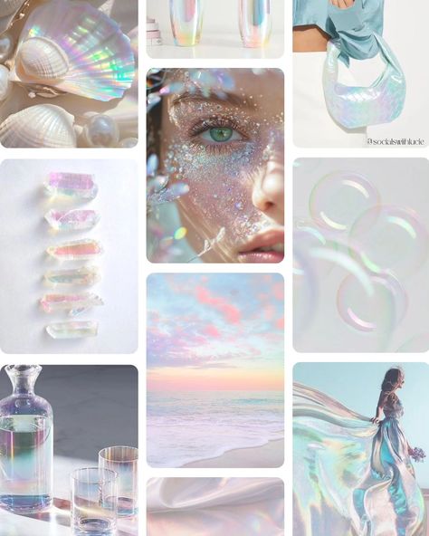 Hello Iridescent 🫧✨️ This #moodboard is just oh so pretty! 😍 With its play of lustrous colours, shifting and changing with ever angle - it's no wonder we're all so mesmerized by it. Did you know iridescent is derived from Greek goddess 'Iris' who was the goddess of rainbows & would act as a messenger of the gods??!! Yeah - this is one pretty packed pallet! If you are inspired by these dreamy colours, flip to the second slide to make it part of your branding! Let me know what you think o... Iridescent Colour Palette, Iridescent Branding, Goddess Iris, Social Media Strategist, Guiding Light, Branding Mood Board, Insta Feed, Social Media Branding, Greek Goddess