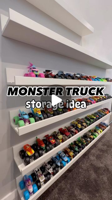 1.8M views · 47K likes | Amanda Ackling on Instagram: "Better than scattered all over the house am I right?!  #monstertruck #monstertrucks #monsterjam #monstertruckstorage #hotwheels #hotwheelscollector #hotwheelsaddict #hotwheelspics #storage #toystorage #toystorageideas #organise #organising #organised #mum #mumlife #mums #mumblog #mumblogger" Toy Trucks Storage, Monster Jam Toy Storage, Hot Wheel Organization Storage Ideas, Monster Truck Storage Ideas Diy, Hot Wheel Storage For Toddlers, Monster Jam Storage Ideas, Shelf For Monster Trucks, Monster Truck Organization Boy Rooms, Toy Car Organization Ideas