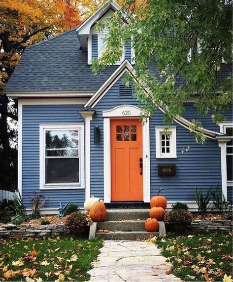 Home Exterior Design Inspiration - Repin by Peg Kusner Design, Arizona Blue House White Trim, Dark Blue Houses, Orange Front Doors, Orange Door, Exterior House Color, Suburban House, Cottage Exterior, House White, Blue Paint Colors