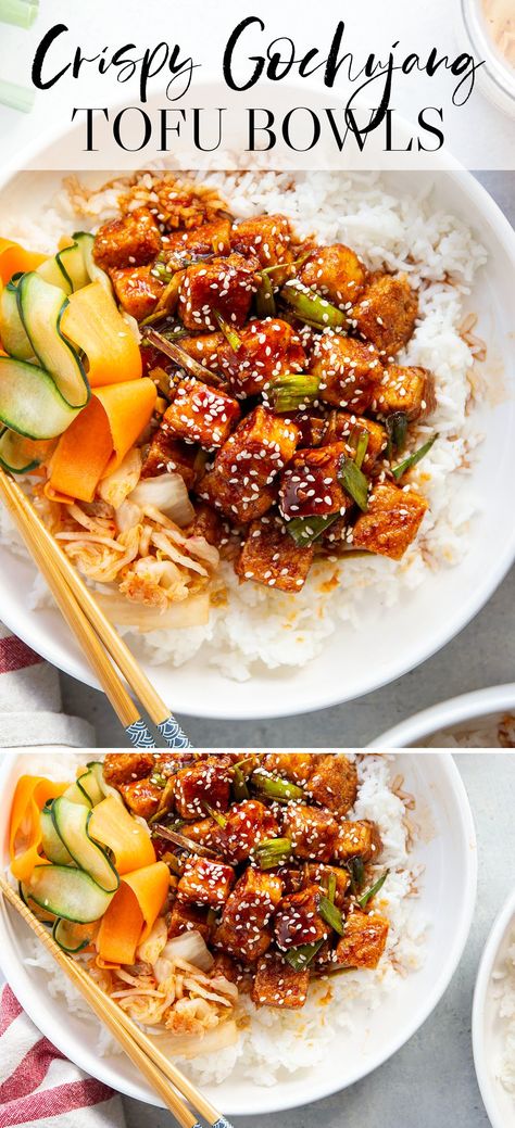 These gochujang tofu bowls feature perfectly crispy tofu tossed in a spicy gochujang sauce and piled high over fluffy rice with pickled vegetables and kimchi. Gochujang Kimchi, Tofu And Kimchi Recipes, Tofu Kimchi, Tofu Bowl Sauce, Recipes With Kimchi, Tofu Bowl, Vegetarian Gochujang Recipe, Gochujang Tofu Recipe, Gochujang Vegan