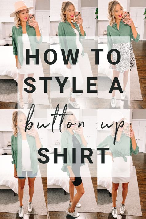 If a chambray shirt and a utility jacket are two of your wardrobe staples, then this post is for you! Today I am sharing how to style a button up shirt. More specifically, I am sharing 8 ways to wear a utility shirt. The army green is so much fun! #buttonupshirt #utilityshirt #armygreenshirt #utilityjacket #howto #chambrayshirt Style A Button Up Shirt, Boyfriend Shirt Outfits, Shirt Over Dress, How To Wear Shirt, Cute Ankle Boots, Outfit Inspiration Women, Shirt Dress Outfit, Utility Shirt, Grooming Tips