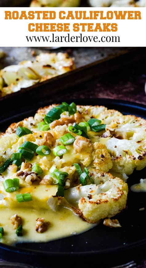 Roasted Cauliflower Cheese Steaks Cheese Cauliflower Steak, Cauliflower Steaks With Sauce, Cauliflower Steaks Roasted, Pitta Diet, Vegetarian Steak, Easy Roasted Cauliflower, Cheese Steaks, Cauliflower Steaks Recipes, Vegetarian Stew