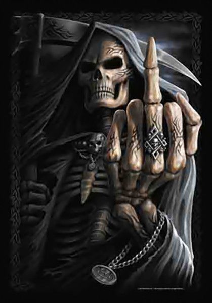 Grim Reaper Quotes, Skull Quotes, Middle Finger Wallpaper, Tato Mandala, Middle Finger Tattoos, Ghost Rider Wallpaper, Skull Quote, Don't Fear The Reaper, Grim Reaper Art