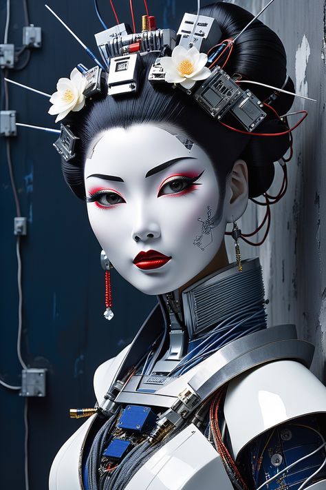 Geisha Artwork, Chinese Icon, Party Makeup Looks, Dark Blue Grey, Cool Look, Party Makeup, Robotics, Picture Tattoos, Asian Art