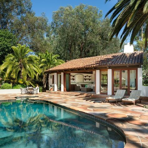 Spanish Pool - Photos & Ideas | Houzz Casita Pool House, Hacienda Style Pool, Spanish House Pool, Spanish Tile Pool, Mediterranean Backyard Pool, Spanish Style Pool, Pool Casita, Modern House Pool, Brick Pool