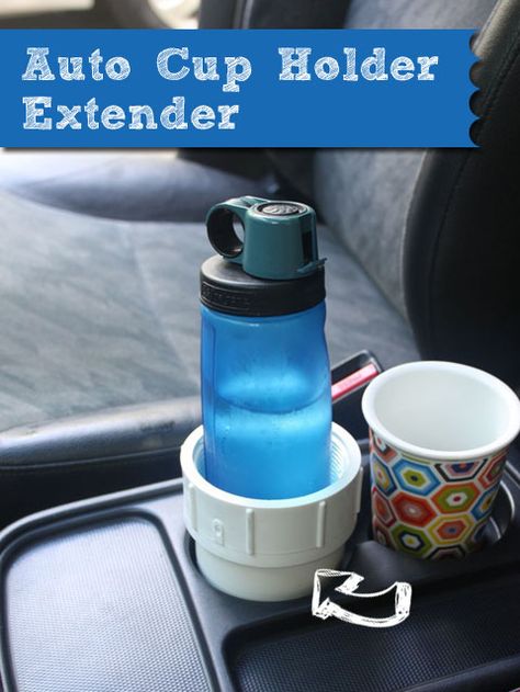 I found the solution to tipping water bottles in the plumbing aisle! This plumbing part has solved our problem by becoming an auto cup holder extender. Car Water Bottle Holder, Diy Water Bottle Storage, Cup Holder For Car, Pvc Pipe Crafts, Pvc Pipe Projects, Diy Water Bottle, Large Water Bottle, Pvc Projects, Car Organization