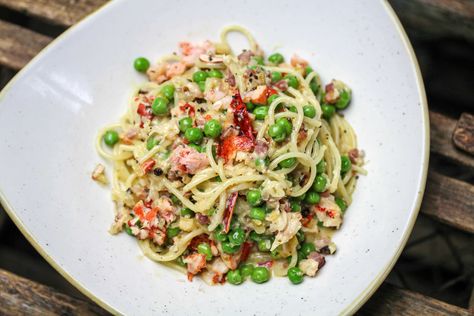 Lobster Carbonara with Spaghetti, Pancetta, English Peas, Parmesan Spaghetti Pancetta, Lobster Carbonara, Lobster Pasta, English Peas, Seafood Pasta Recipes, Western Washington, Pasta Lover, Seafood Pasta, Seafood Restaurant