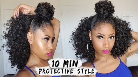 EASY 10-MIN BUN + HALF DOWN CURLY STYLE! | hair how-to [Video] - https://blackhairinformation.com/video-gallery/easy-10-min-bun-half-curly-style-hair-video/ Bantu Knot, American Hairstyles, Pelo Afro, Natural Hair Updo, Hair Blog, Ponytail Styles, Half Up Half Down Hair, Style Hair, Half Up Half Down