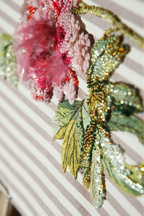 Hand embroidery from the master Katerina Moroz, made according to the illustration of Pierre-Joseph Redoute. Peony Embroidery, Sequence Embroidery, Hand Beaded Embroidery, Fabric Flower Brooch, Tambour Embroidery, Beadwork Embroidery, Diy Embroidery Patterns, Couture Embroidery, Bead Embroidery Patterns