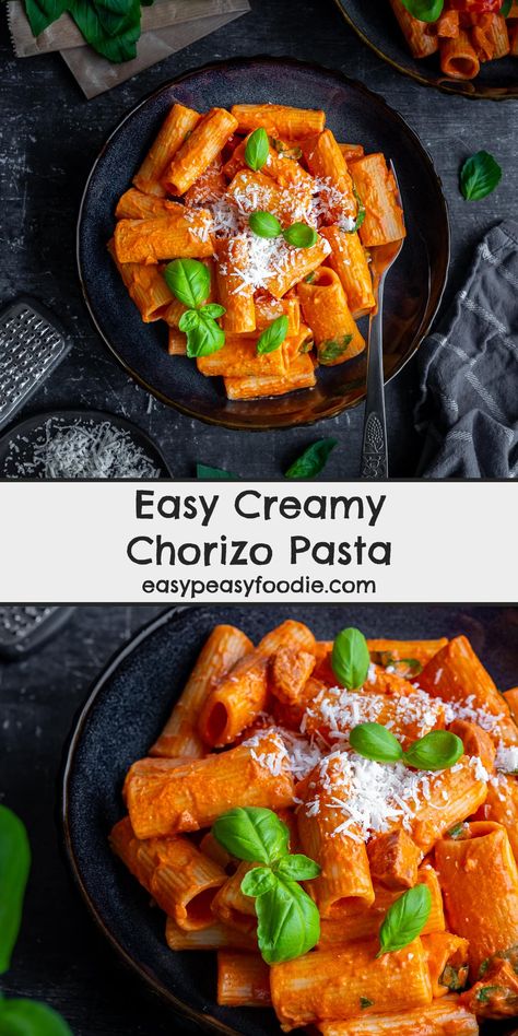 If you love pasta and chorizo, then you’ll love this quick and easy Creamy Chorizo Pasta. Ready in under 20 minutes and a real crowdpleaser – it’s perfect for busy weeknights! #chorizo #pasta #chorizopasta #creamychorizopasta #creamypasta #easypasta #quickpasta #weeknightpasta 20minutemeals #under20minutes #30minutemeals #under30minutes #easymidweekmeals #easymeals #midweekmeals #easyrecipes #easydinners #dinnertonight #dinnertonite #familydinners #familyfood #easypeasyfoodie #cookblogshare Pasta With Chorizo, Chorizo Pasta Recipes, Chorizo Pasta, Chorizo Recipes, Quick Pasta, Midweek Meals, Yummy Pasta Recipes, Savory Recipes, Easy Pasta