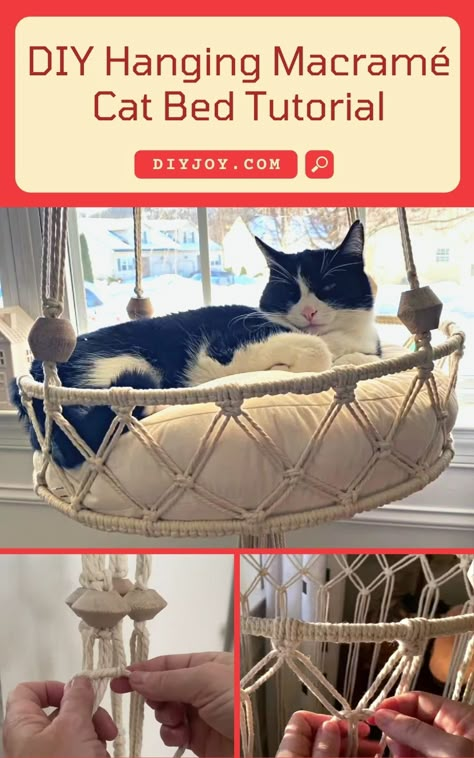 DIY Macrame Cat Bed Tutorial - How to Make a Hanging Cat Bed Macrame Cat Bed, Diy Cat Hammock, Bed Cheap, Katt Diy, Bed Window, Macrame Cat Hammock, Diy Cat Bed, Katt Grejer, Kat Diy