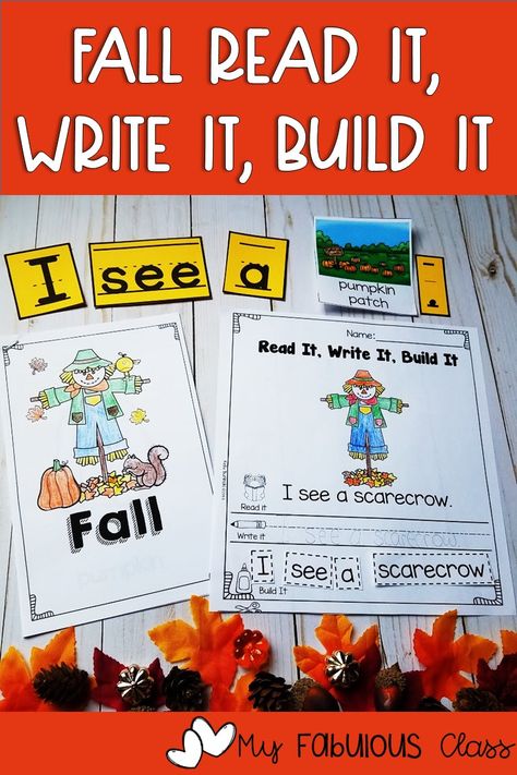 Fall Kindergarten Activities, Autumn Kindergarten Activities, read it, write it, build it, simple sentences, fall emergent reader, pocket chart activities, fall worksheets, autumn worksheets, kindergarten literacy activities, guided reading activities, scarecrow activities, pumpkin activities Scarecrow Worksheets Kindergarten, Fall Reading Activities Kindergarten, Sentence Building Kindergarten, Kindergarten Literacy Activities, Scarecrow Activities, Autumn Kindergarten, Fall Reading Activities, Fall Kindergarten Crafts, Fall Kindergarten Activities