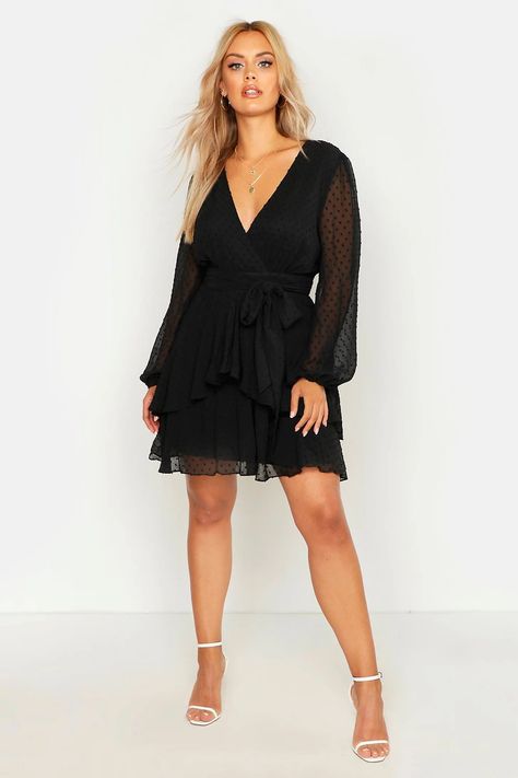 Plus Ruffle Hem Dobby Mesh Skater Dress | boohoo Plus Size Shirt Dress, Plus Size Black Dresses, Plus Size Party Dresses, Plus Size Formal Dresses, Skater Dresses, Black Party Dresses, Bodycon Fashion, Curve Dresses, Plus Dresses