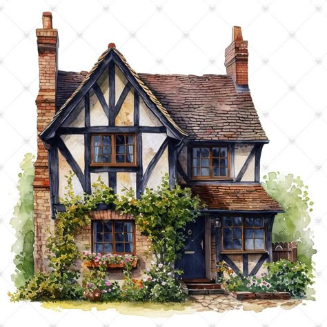 Old British House Clipart Bundle 10 High Quality Watercolor Jpgs Architecture Art, Journaling, Scrapbook Supply, Digital Download - Etsy Canada Gray Tudor House Exterior, Tudor House Bloxburg, Tudor House Drawing, Tudor Style Architecture, Bavarian House Exterior, Pink Tudor House, Medieval Tudor House, Scottish Home Exterior, Traditional German House