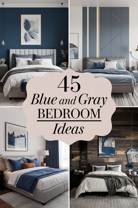 Transform your master bedroom into a haven of peace and style with these 45 blue and gray bedroom ideas.  These calming colors create a serene atmosphere that invites relaxation and restful sleep. From modern to traditional, discover inspiration for your master bedroom oasis. Midnight Blue And Gray Bedroom, Duvet Color Ideas, Grey Blue And White Bedroom Ideas, Navy Silver Bedroom, Grey Blue Walls Bedroom, Relaxing Blue Bedroom Ideas, Gray And Blue Bedding Ideas, Blue Gray Bedroom Decorating Ideas, Indigo Bedroom Walls