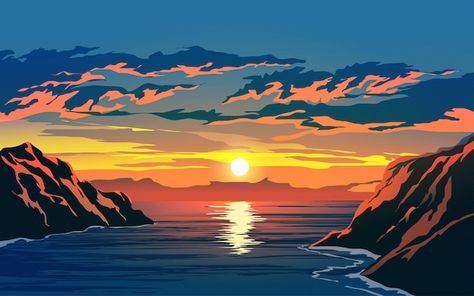 Sunset in ocean with cliff Premium Vecto... | Premium Vector #Freepik #vector #sunset-sea #horizon #sunset #sunset-landscape Aesthetic Sunset Background, Sunset In Ocean, Ocean Drawing, Easy Landscape, Sea Drawing, Ocean Illustration, Arctic Landscape, Art Final, Art 2023