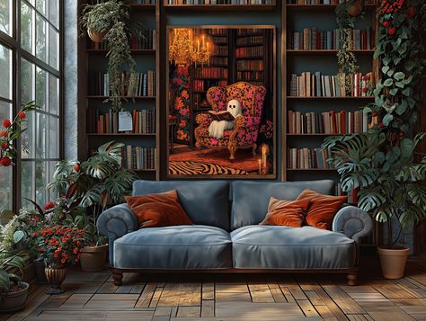 Bring a touch of whimsical charm to your space with this Maximalist Cute Ghost Reading Art Print. Set in a vibrant gothic library, this chic Halloween decor features an adorable ghost cozied up in a luxurious leopard chair, perfect for dark academia and maximalist enthusiasts. Ideal as a unique gift or a standout piece in your own collection, this art print adds character and a splash of Halloween spirit to any room. Available as a digital download for instant access--print and enjoy today! INST Green Couch Dark Academia, Dark Academia Reading Chair, Halloween Library Decor, Home Office Dark Academia, Cozy Dark Room, Cozy Reading Nook Small Spaces, Comfy Library, Purple Library, Small Library Room Ideas