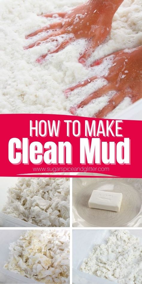 Sensory Mud Recipe, Clean Mud Recipe, Mud Activities For Toddlers, Baking Soda Sensory Play, Germs Sensory Bin, Wet Sensory Play, Mud Sensory Play, Mud Recipe, Mud Pie Recipe