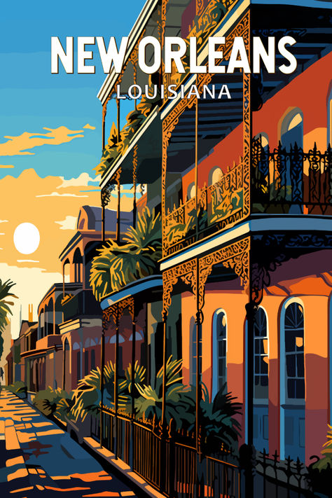 Retro-style poster of New Orleans' French Quarter, showcasing vibrant street scenes and historic architecture in a vintage art design. Ideal for decor enthusiasts. New Orleans Travel Poster, Old Travel Posters, New Orleans Graphic Design, French Quarter Aesthetic, Retro Posters For Room, New Orleans Aesthetic, New Orleans Poster, Cities Poster, Vintage Poster Prints