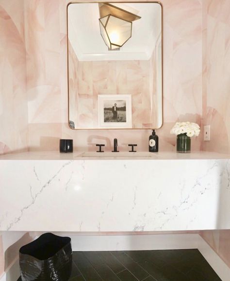 Mauve Bathroom Ideas, Mauve Bathroom, Melanie Morris, Rock Wallpaper, Pearl Wallpaper, Paper Installation, Powder Room Design, How To Install Wallpaper, Vertical Design