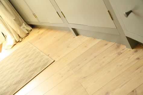 "untreated pine with one coat of Osmo Polyx Oil in White Tint" "followed by one coat of Osmo Polyx Oil in Clear Satin" (more photos) Upstairs Flooring, Paint Hardware, Scandinavian Floor, Scandi Chic, Wooden Floorboards, Flooring Projects, Wooden Floors, Wood Care, Flooring Ideas