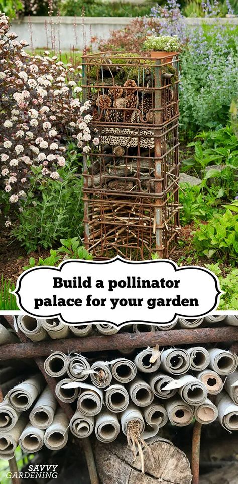 Build a Pollinator Palace to Display in Your Garden Unique Bird Feeders Garden Art, Outdoor Butterfly Garden, Biodiversity Garden Design, Pollinator Garden Design Front Yards, Butterfly Shelter, Bee Garden Design, Native Garden Design, Backyard Flower Garden, Wildlife Garden Design