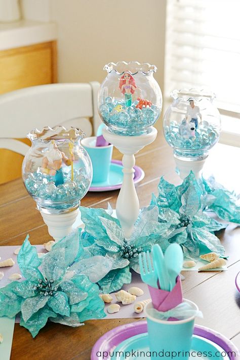 Turquoise Table Little Mermaid Decorations                                                                                                                                                                                 More Little Mermaid Decorations, Lila Party, Ariel Birthday Party, The Little Mermaid Party, Ariel Party, Mermaid Birthday Party Decorations, Ariel Birthday, Easy Party Decorations, Karakter Disney